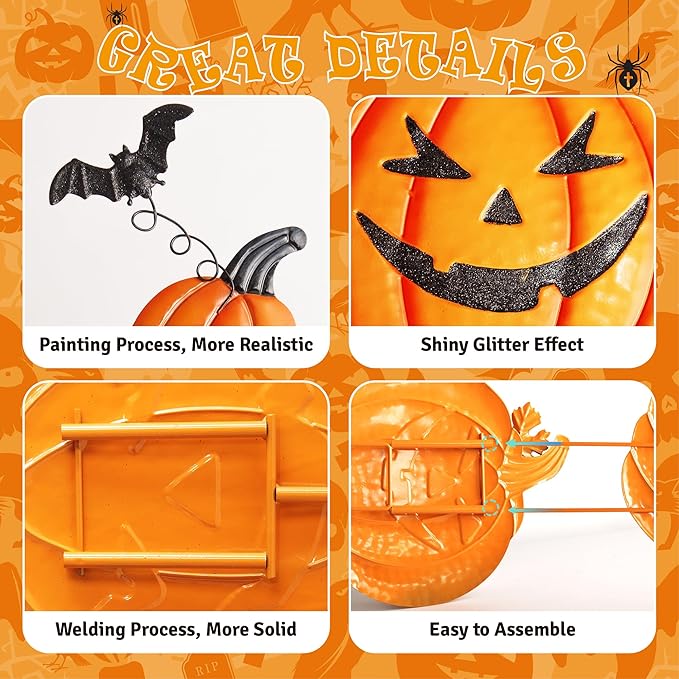 Halloween Metal Pumpkin Yard Stakes, Stackable Pumpkin Signs Garden Stake with Witch Door Hanging, Outdoor Halloween Decorations for Lawn Party (Set of 3, Style B)