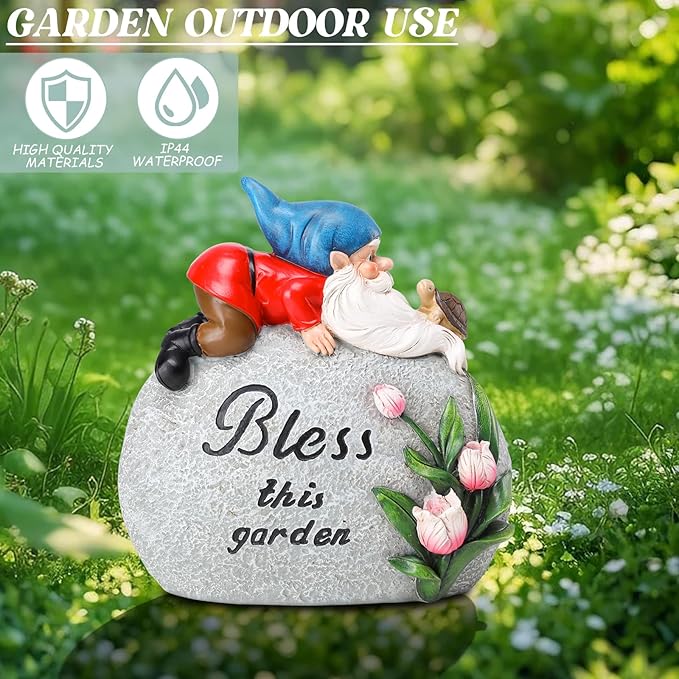 Garden Stones Statues Outdoor Decor, Novelty Gnome Garden Sculptures Stones Statue with Flower and Turtle Figurine Decoration for Patio Yard Porch Art Home Decor