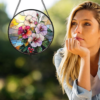 Stained Glass Window Hanging Pink Purple Hibiscus Flowers Large 15" - Suncatcher Door Garden Sunroom Sun Catcher Decor Birthday Christmas for Mom Men Woman Nana Friend
