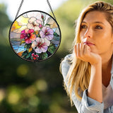 Stained Glass Window Hanging Pink Purple Hibiscus Flowers 6.3" - Suncatcher Door Garden Sunroom Sun Catcher Decor Birthday Christmas for Mom Men Woman Nana Friend