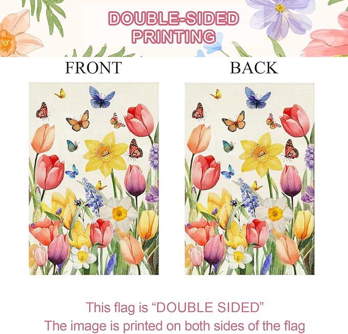 Baccessor Spring Easter Tulip House Flag Double Sided 28x40 Inch Burlap,Daffodil Floral Butterflies Large Garden Flag Porch Patio Front Entry Yard Seasonal Farmhouse Outside Outdoor Decor