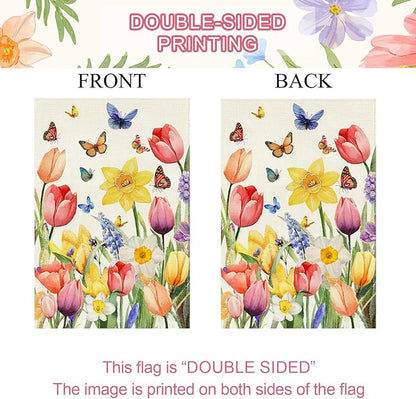 Baccessor Spring Easter Tulip House Flag Double Sided 28x40 Inch Burlap,Daffodil Floral Butterflies Large Garden Flag Porch Patio Front Entry Yard Seasonal Farmhouse Outside Outdoor Decor