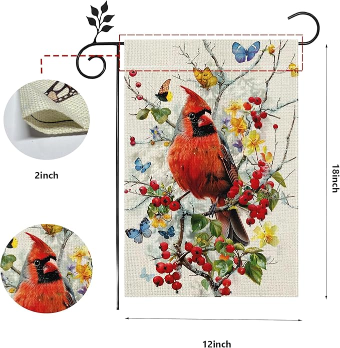 Spring Summer Cardinal Bird Butterfly Floral Garden Flag 12x18 Inch Double Sided, Welcome Yard Decor, Farmhouse Outdoor Flag for Lawn Patio Porch