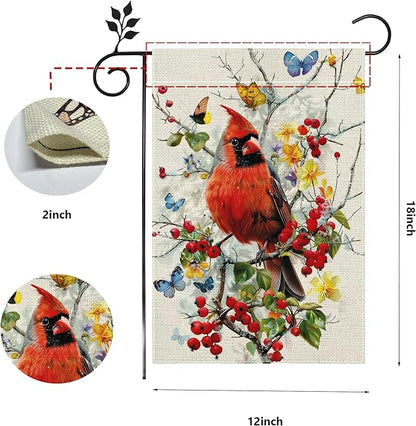 Spring Summer Cardinal Bird Butterfly Floral Garden Flag 12x18 Inch Double Sided, Welcome Yard Decor, Farmhouse Outdoor Flag for Lawn Patio Porch