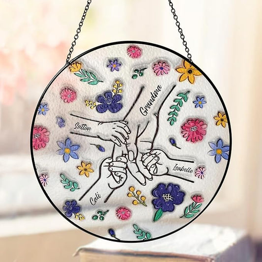 Personalized Grandma’s Stained Glass Window Hanging Ornament, Custom Holding Grandma’s Hands with Kids’ Names, Floral Art Decoration, Grandma from Grandkids