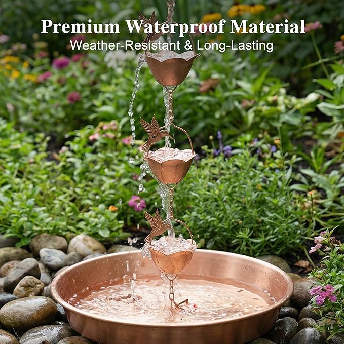 Topadorn 7.85 FT Rain Chains Decorative Iron Gutter Chain with 12 Rain Collector Cups with Hummingbird Petal Iron Flower Cups Garden Decorative