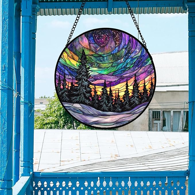 DASTOLL Stained Glass Window Hanging, Van Gogh Night Scene Sun Catchers Colorful Glass Panel Starry Sky Suncatcher Decor for Birthday for Women, Men, Wife, Aunt, and Mom 14.9x14.9 in