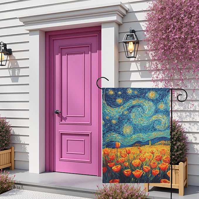 Spring Tulip Garden Flag Summer Van Gogh Starry Night Yard Flags Vibrant Orange Tulips Art Print Seasonal Welcome House Banners for Outdoor Porch Lawn Patio Landscape Decor 12×18 Inch