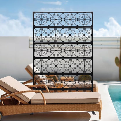 Metal Privacy Screen, 72" H x 44" W Freestanding Privacy Screens, Patio Decorative Metal Fence Panels with Stand, Portable Divider Screens, for Backyard/Patio/Deck (Black-Print, 72''H×44''W)