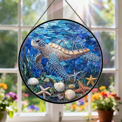 Sea Turtle Suncatcher Decor - Sea Turtles Gifts for Women - Turtles Stained Glass Window Hanging for Turtle Lovers - Blue Sea Glass Wall Art Home Decor Outdoor Garden for Women, Moms, Beach Lovers