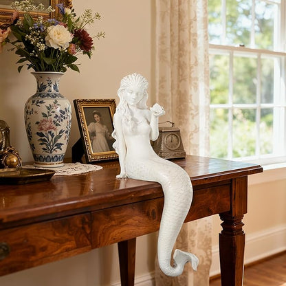 Mermaid Statue Outdoor, Large 25.6 Inch Garden Sculpture Figurines for Lawn and Patio Decor, Durable MGO Stone Yard Art with Weatherproof Finish for Indoor Decor Christmas Gift Antique White