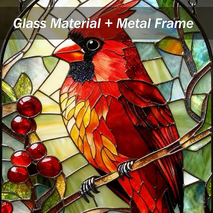 Stained Glass Window Hanging, Red Parrot Birds Sun Catcher for Wall Nursery Window Door Garden Party Holiday Kitchen Living Room Office Decoration, Gifts for Women, Daughter, Day Birthday