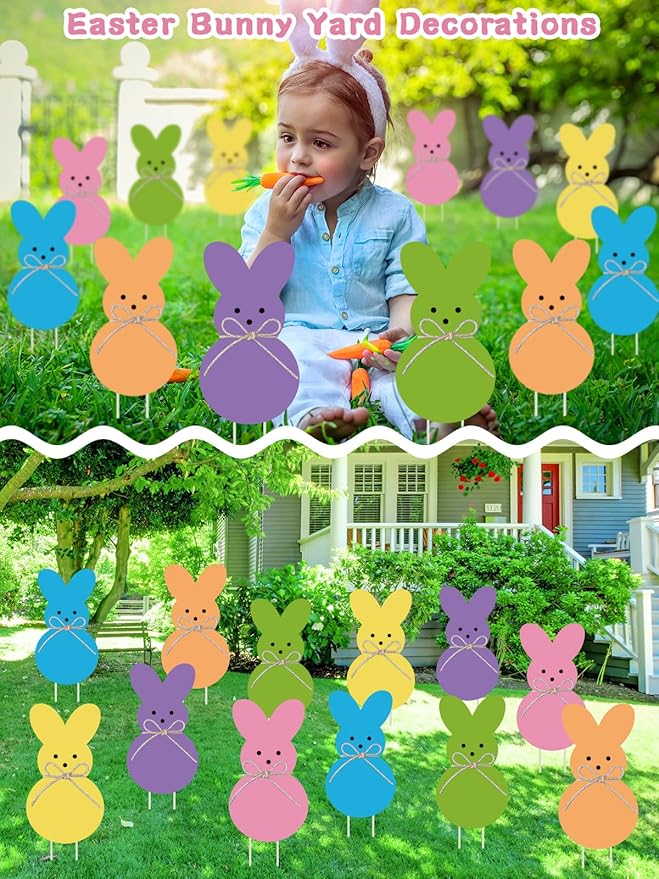 12 PCS Easter Yard Signs Outdoor Decorations Pastel Easter Bunny shaped Yard Signs with Stakes Cute Colorful Bunny Yard Decorations for Garden Lawn Home Party Supplies (12 PCS Peeps)