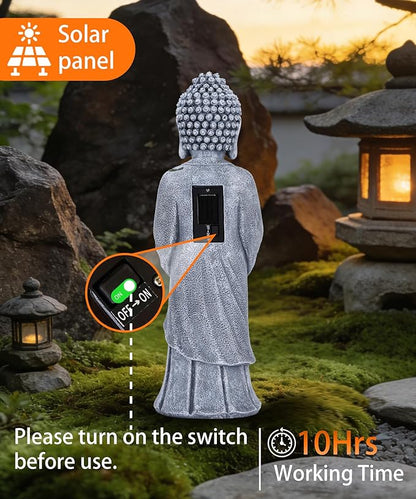 Nacome Solar Buddha Garden Statues with Lotus Flower: Resin Zen Decor Waterproof Sculpture Outdoor Light Design for Outside Patio Lawn Yard Balcony - 14.6 inches(Grey)