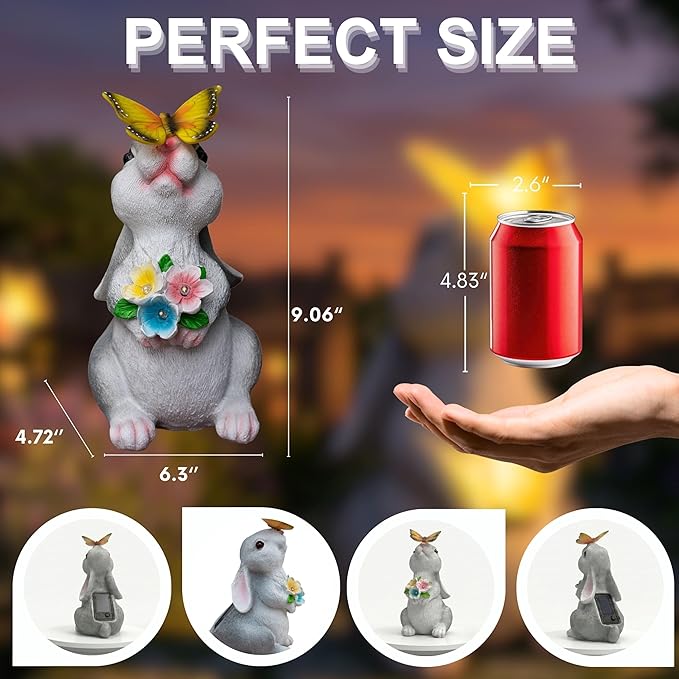 Solar Garden Statues Rabbit with Butterfly and LED Solar Flower Lights, Cute Waterproof Resin Outdoor Decorations for Patio Yard Lawn, Gifts for Housewarming