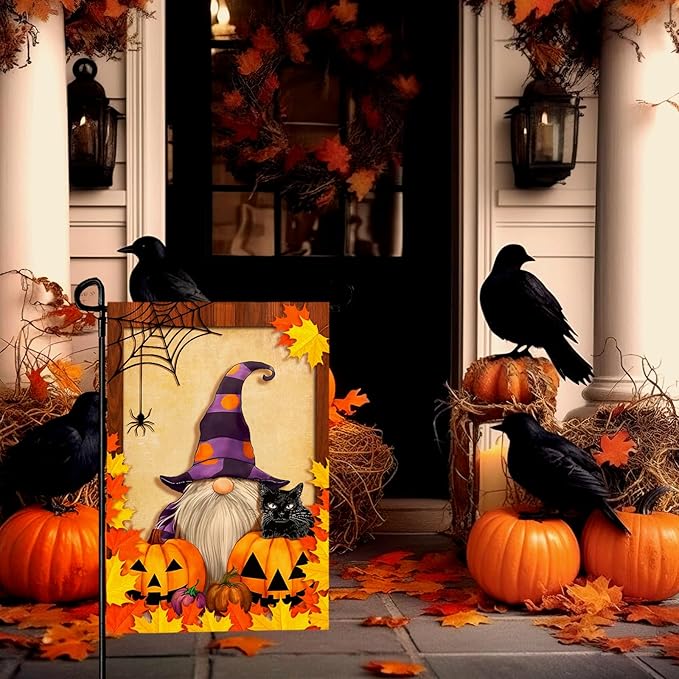 Fall Gnome Garden Flag Pumpkin Maple Leaf Garden Flags Seasonal Small Flag Double Sided Autumn Halloween Porch Patio Farmhouse Outdoor Decoration 12 x 18 Inch