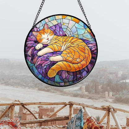 Stained Glass Window Hanging Sleeping Orange Cat Large 11.8" - Memorial Gift Suncatcher Door Sun Catcher Decor Birthday Christmas for Lost Pets Mom Men Woman Friend