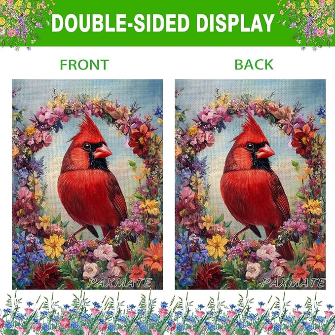 Cardinal Bird Spring Garden Flag 12x18 Inch Double Sided Small Burlap Summer Floral Wreath Yard Flag Outdoor Outside Seasonal Farmhouse Decoration