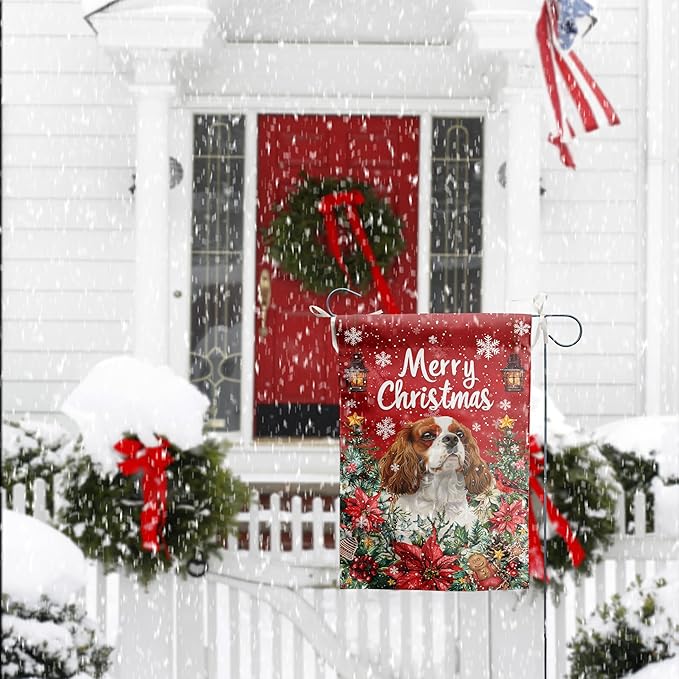 Christmas Cavalier King Charles Spaniel Garden Flag Merry Christmas Dog Yard Flag for Outside Xmas Flags 12x18 Double Sided Red Poinsettia Garden Flags Winter Porch Decorations Outdoor