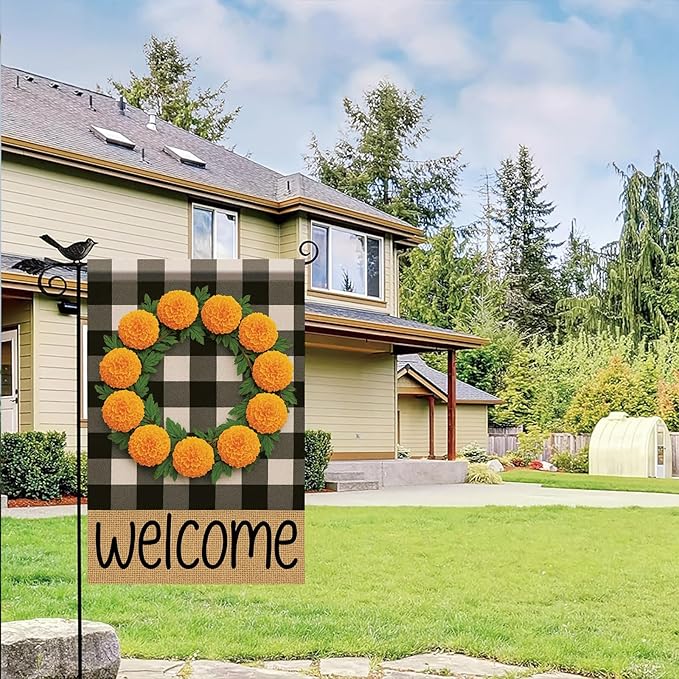 Buffalo Plaid Welcome Wreath Garden Flag Marigold Flower Flag 12x 18 Inch Double Sided Fall Outdoor Yard Decor for Porch Patio Lawn Farmhouse Decoration Fall Autumn Small Decor