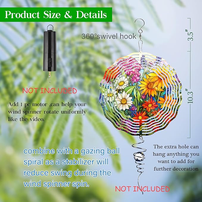3D Flower Wind Spinner 10 Inch Garden Wind Spinners with Flower Designs for Yard Stainless Steel Flower Spinner with Unique Visual Effect Hanging Flower Wind Sculptures Garden Decor Gift