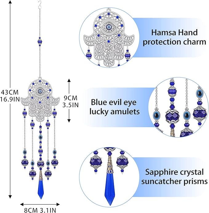 Crystal Prism Suncatcher Ornament for Christmas Tree with Hamsa Fatima Hand Protection Charm Turkish Greek Blue Evil Eye Sapphire Crystals Beads for Window Hanging Decoration