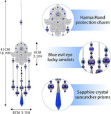 Crystal Prism Suncatcher Ornament for Christmas Tree with Hamsa Fatima Hand Protection Charm Turkish Greek Blue Evil Eye Sapphire Crystals Beads for Window Hanging Decoration