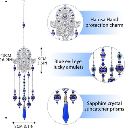 Crystal Prism Suncatcher Ornament for Christmas Tree with Hamsa Fatima Hand Protection Charm Turkish Greek Blue Evil Eye Sapphire Crystals Beads for Window Hanging Decoration