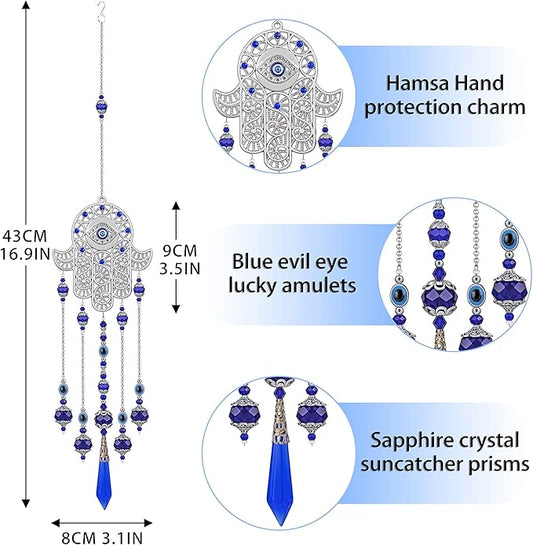 Crystal Prism Suncatcher Ornament for Christmas Tree with Hamsa Fatima Hand Protection Charm Turkish Greek Blue Evil Eye Sapphire Crystals Beads for Window Hanging Decoration