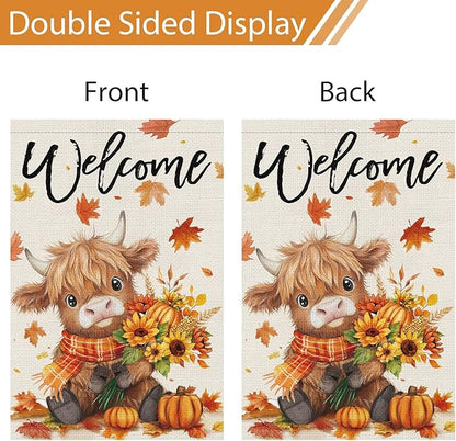 Heyfibro Welcome Fall Highland Cow Garden Flag 28x40 Double Sided Burlap, Autumn Pumpkin Sunflower Yard Flags for Thanksgiving Rustic Seasonal Outside Outdoor Decoration (ONLY FLAG)