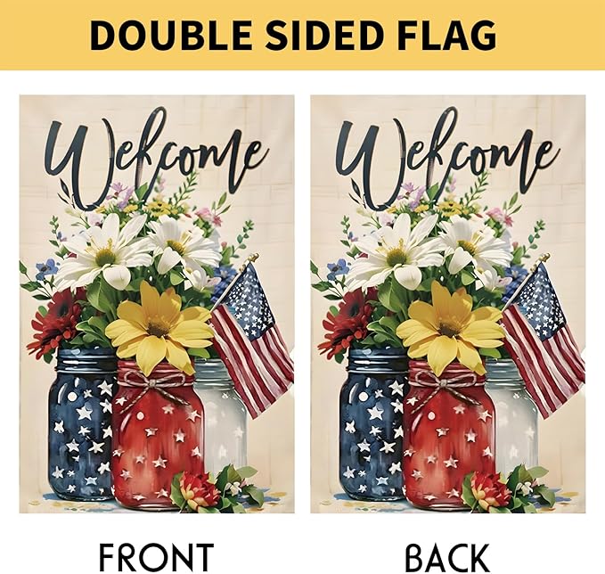 4th of July Mason Jar Flowers Summer Garden Flag 12x18, Patriotic Celebration Double-Sided Decorative Burlap Yard Flag for Memorial Day Independence Day Outside Decoration Holiday Festivities