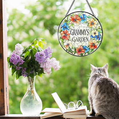 Grammy's Garden Floral Stained Glass Window Hanging Suncatcher for Grandma, Grammy Grandma Gifts Sun Catcher Wall Hanging Decoration for for Mothers Day Christmas Birthday, 7.8 x 7.8 in