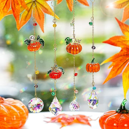 HDCRYSTALGIFTS Set 4 Fall Pumpkin Suncatchers Crystals Sun Catchers Indoor Window Hanging Thanksgiving Christmas Tree Decorations for Farmhouse Harvest Autumn Xmas Home Party Decor