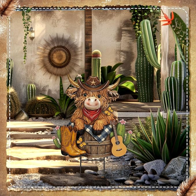 Amyhill Western Cowboy Highland Cow Outdoor Decor Cow Metal Garden Stakes Decorative Western Highland Calf Lovers Yard Signs with Stakes for Farmhouse Wild West Holiday Garden Lawn Decor
