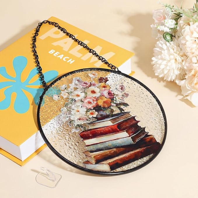Mifoci 6.3 Inch Stained Glass Window Hanging Vintage Flower Suncatchers Indoor Window Book Lovers Gifts for Room Office Decor Aesthetic