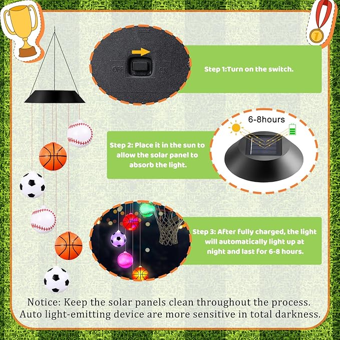 GlikCeil Sports Ball Solar Wind Chimes 27.5inch Sports Decorations Outside Waterproof Hanging LED for Yard, Porch, Patio, Party, Color Changing Lights