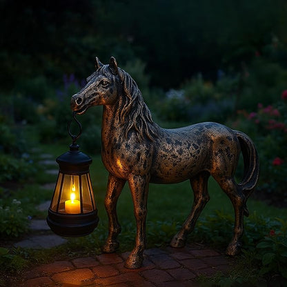 Horse Garden Statue with Lantern 7.5x6.8 inch, Solar Lighted Outdoor Figurine Sculpture for Yard Lawn Patio Farmhouse, Whimsical Home Decor, Gift for Housewarming Birthday Christmas (Bronze Color)