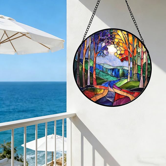DASTOLL Stained Glass Window Hanging, Colorful Forest Landscape Tree Suncatcher for Doors Window Home Abstract Sun Catchers Decoration Mother's Day Birthday Gifts for Women, Men, and Mom 15 in