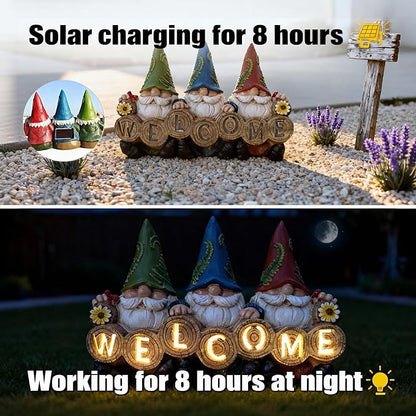 Garden Gnomes Solar Powered Welcome Statue, Outdoor Patio Yard Decor, Durable Resin, for Mom/Grandma, Anniversary & Easter Gifts for Women/Grandkids, Perfect for Spring Gardening