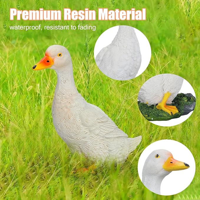 Duck Resin Statue,Resin Goose Sculpture Statue Front Porch Garden Decor for Outside Imitation Wood Carving, Funny Animal Decorations Fairy Craft Yart Art Decor(White)
