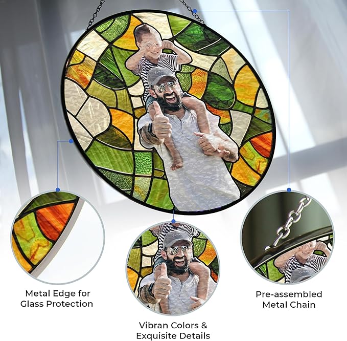 Personalized Dad Stained Glass Suncatcher, Photo Family Portrait Faux Window Hanging Ornament, Custom Photo Gift for Dad from Son Daughter, Grandpa Gifts
