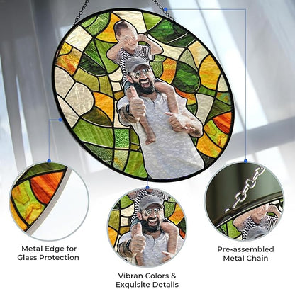 Personalized Dad Stained Glass Suncatcher, Photo Family Portrait Faux Window Hanging Ornament, Custom Photo Gift for Dad from Son Daughter, Grandpa Gifts