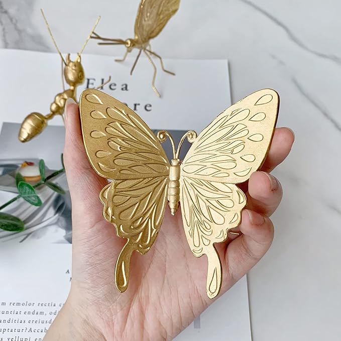 Gold Butterfly Sculpture - Solid Metal Insect Ornament - Mini Butterfly Figurine for Home, Office, Garden & Desktop Decor