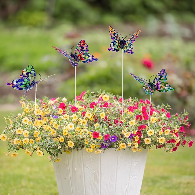 4Pcs Butterfly Garden Stakes Decor, Colorful Butterflies Decorations, Metal Yard Art for Outdoor Lawn Porch Pathway Yard Patio Plant Pot Ornaments (Butterfly- D)