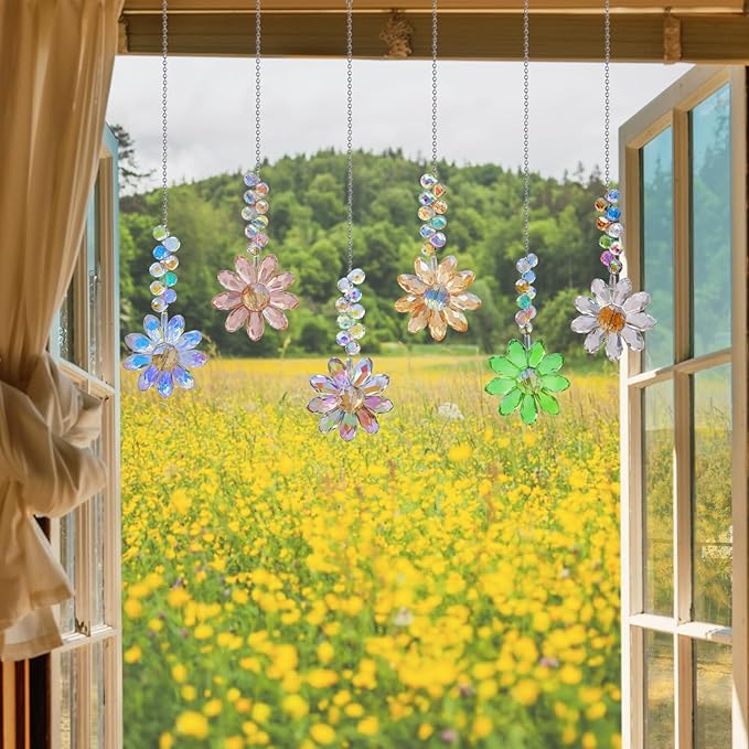 6pcs Crystal Sunflower Suncatchers Hanging Ornaments, Rainbow Maker Sun Catchers Indoor Window Outdoor Patio Garden Decor Gifts (Multicolor)