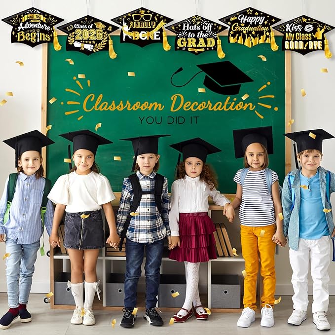 Chunful 12 Pack Graduation Yard Signs Grad Decoration 2026 Happy Graduate Lawn Garden Sign with Stake Congrats Outdoor Plastic Cap Hanging Ornament for Class Pathway Walkway Porch Party(Black)