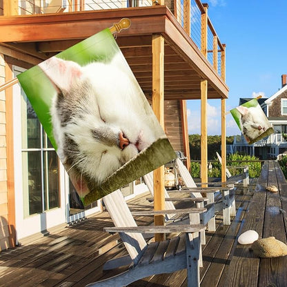 Mugod Sleepy Cat House Flags for Outdoor Decoration, Lovely Cat Face Cute Animal Large Yard Flag Burlap Banner 28 x 40 Double Sided Seasonal Flag Outside