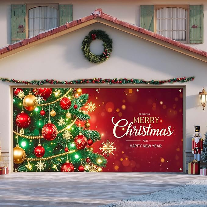 IVN Christmas Garage Door Cover Decoration 13x6ft Decorated Green Tree with Ornaments Red Holiday Merry Christmas Garage Door Banner Home Garage Door Front Yard Decor for Xmas Eve Holiday Outdoor