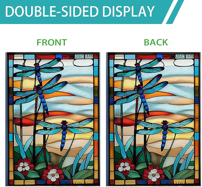 Spring Summer House Flags 28 X 40 Double Sided, Dragonfly Stained Glass Style Flowers Garden Flag Burlap Yard Flags for Outside Seasonal Decoration