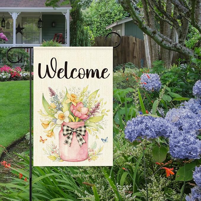 Welcome Spring Garden Flag for Outside,Mason Jar Spring Flowers Garden Flag Yard Lawn Porch Flags for Outdoor Decorations 12x18 Inch Double Sided